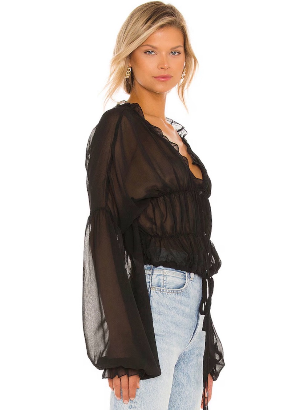 SNDYS Bali Top XS Black Sheer Ruched Drawstring Crop Blouse Revolve Boho - Picture 3 of 12